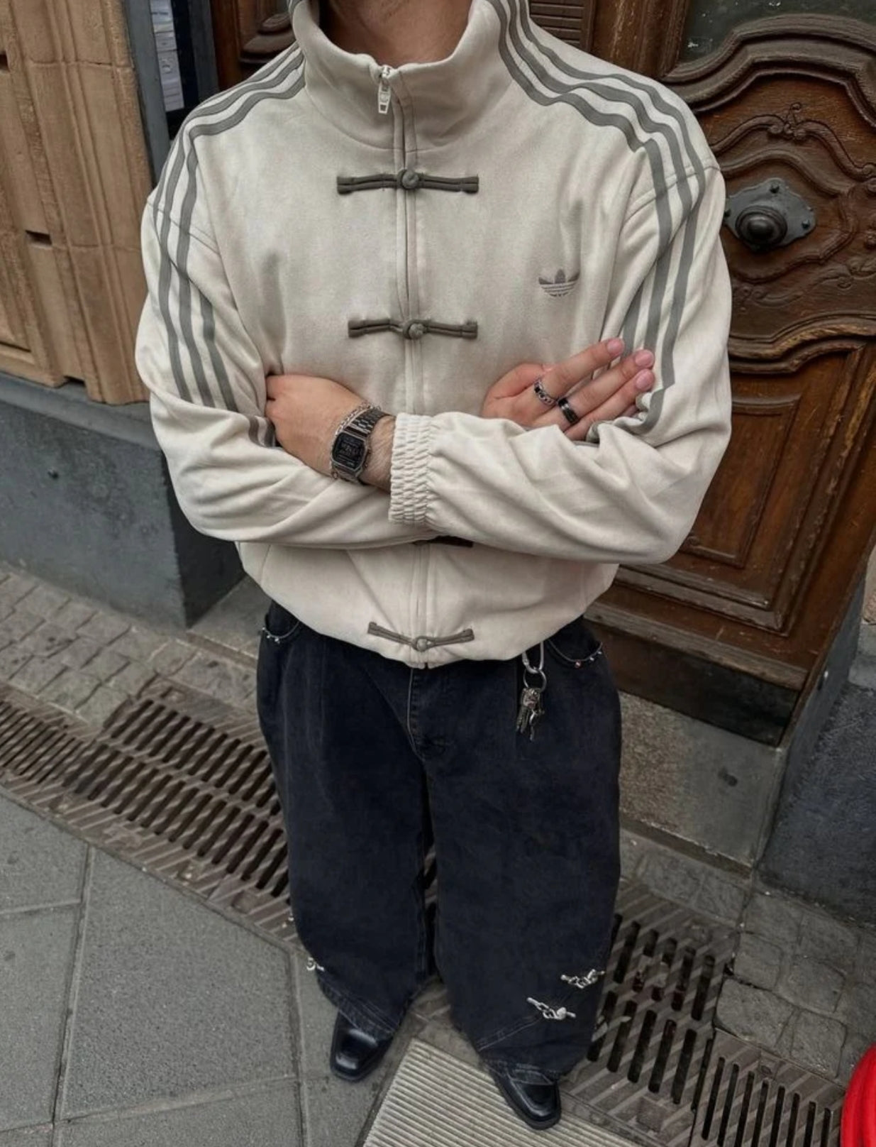 CNY Suede Track Jacket with Knot Buttons | Streetwear Tang Jacket - White⭐⭐⭐⭐(4.5/5)